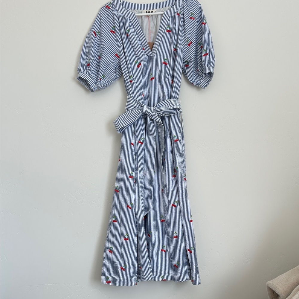 Boden Blue and White Striped Midi Dress with Cherry Accents